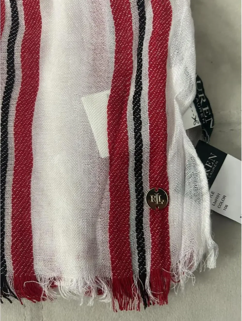 NWT Lauren Ralph Lauren red, white, and black striped fringe scarf